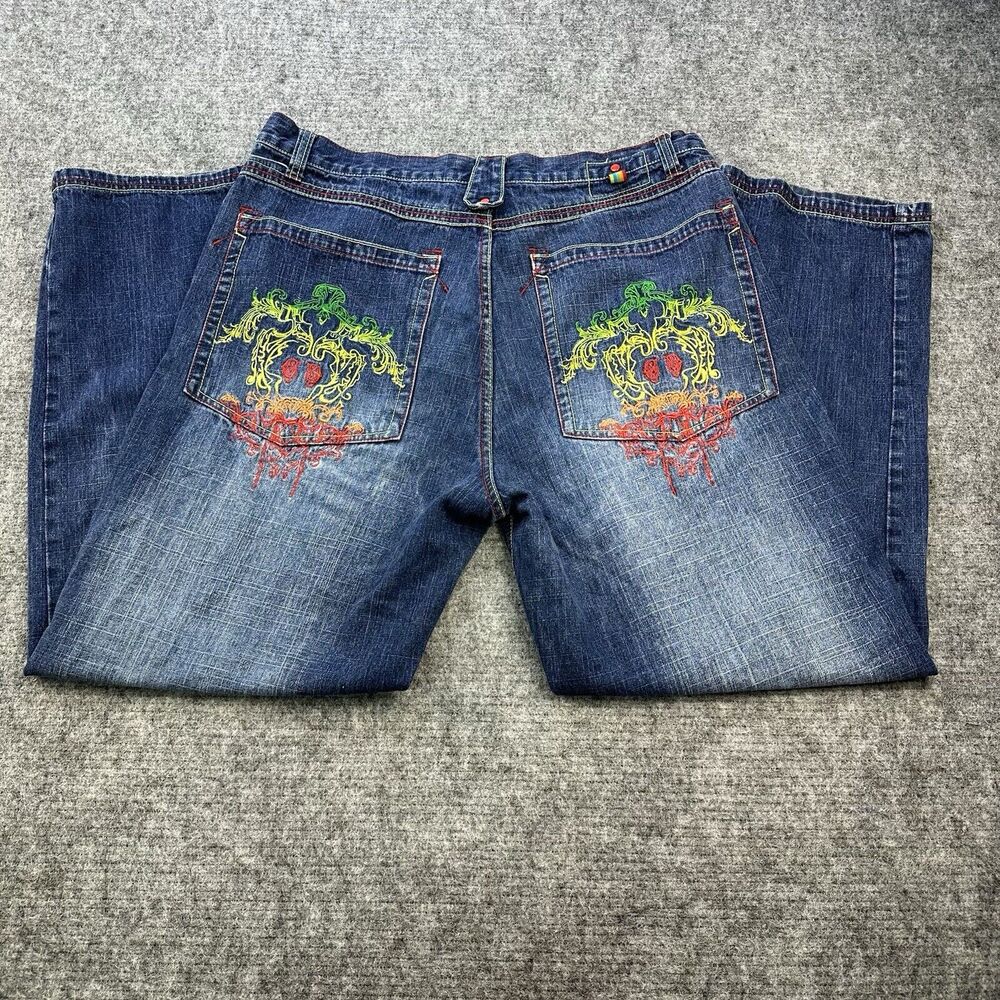 Vintage 90s Baggy Jeans Men 38x32 Embroidered Hip Hop Streetwear MSWMS